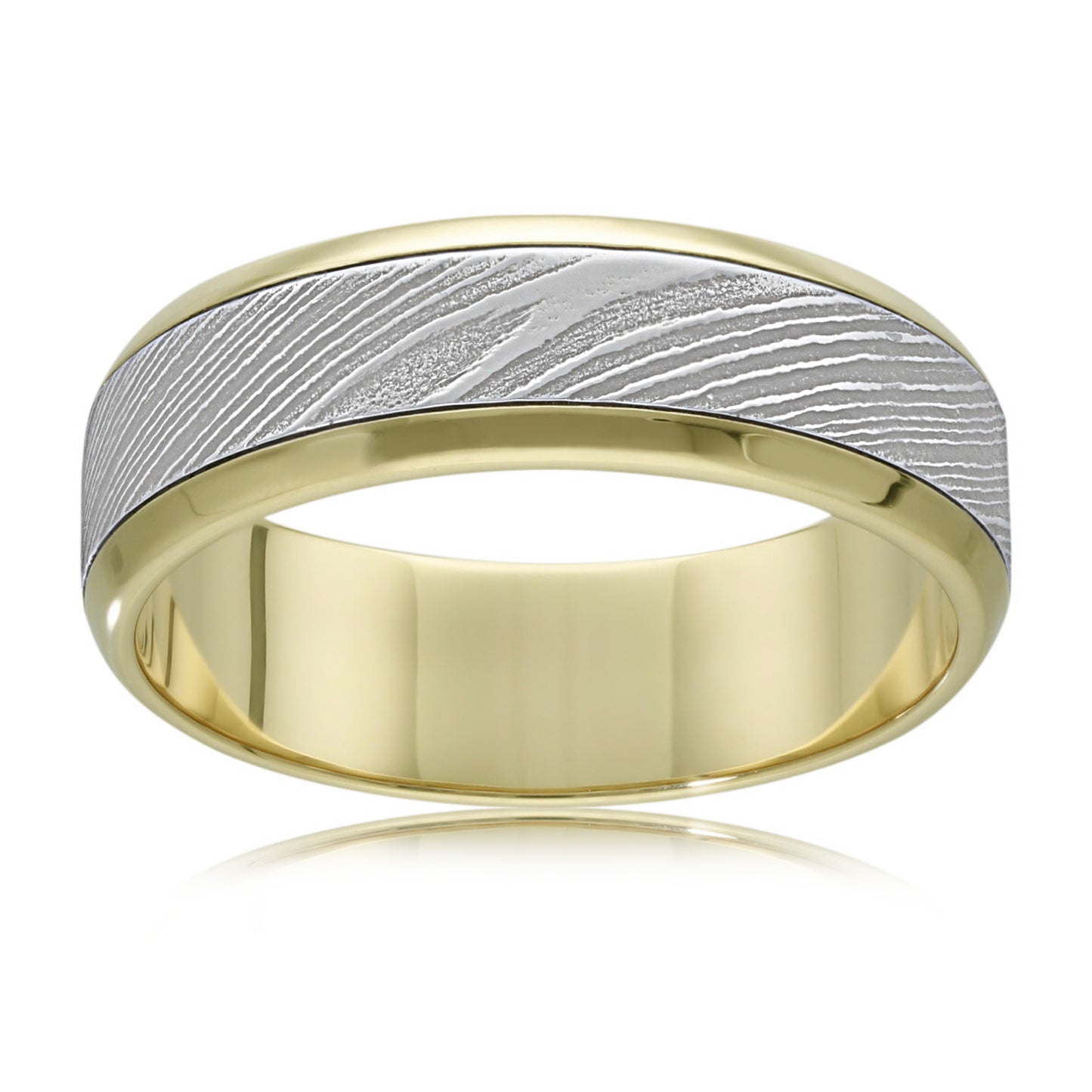 Modern Damascus Steel Wedding Ring in 9ct Yellow Gold