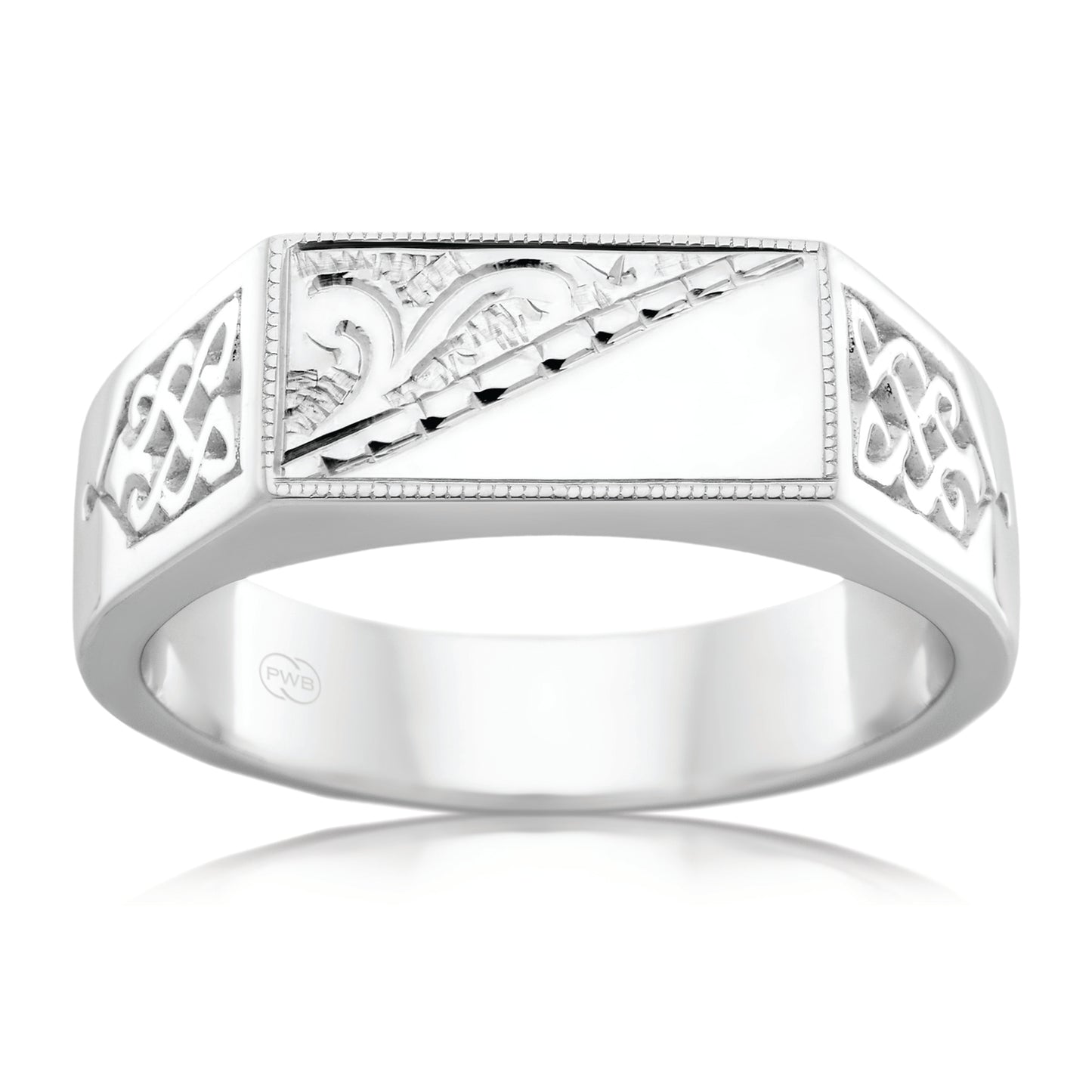 Celtic Hand Engraved White Gold Ring, Flat Top Wedding Band