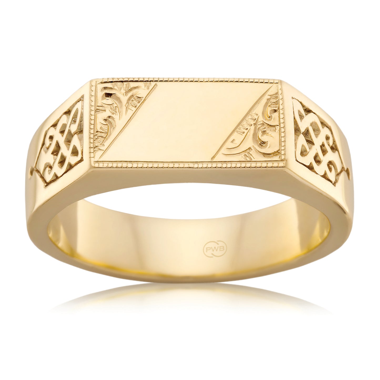 Celtic Hand Engraved Yellow Gold Ring, Flat Top Band