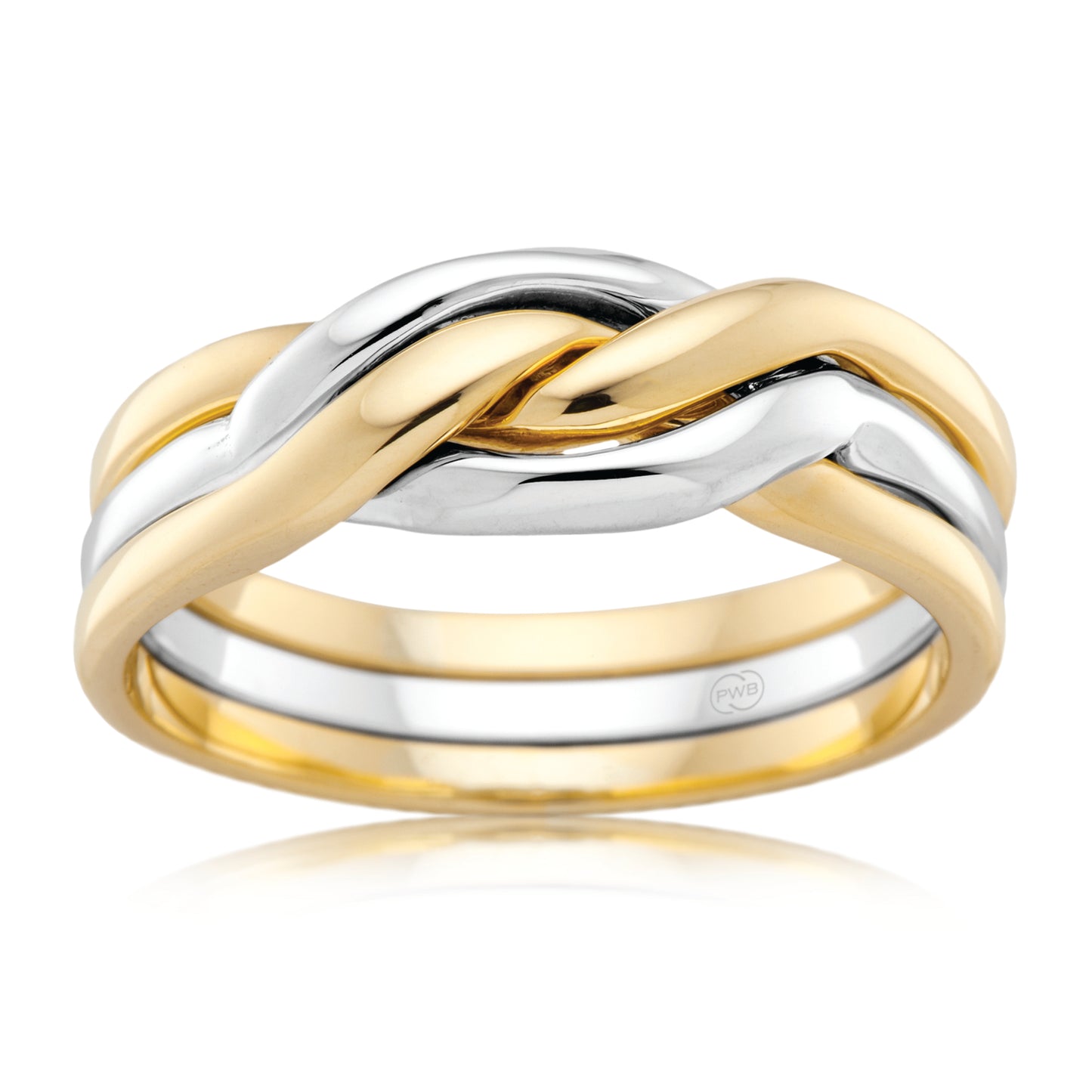 Two Tone Interlocking Wedding Ring in Sculpted Gold