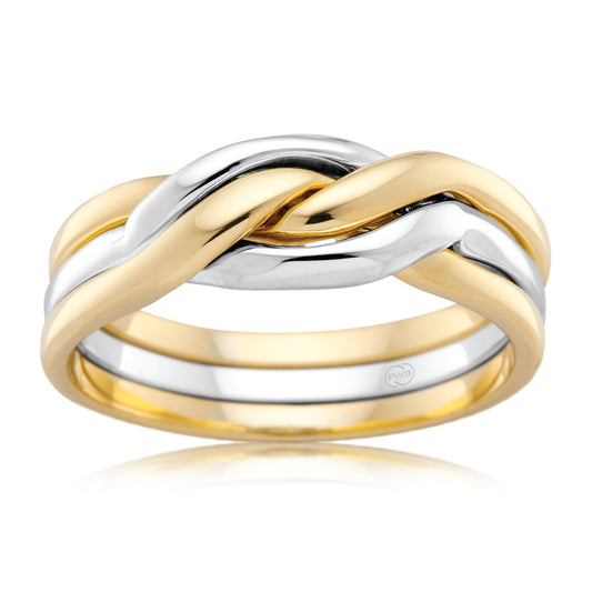 Two Tone Interlocking Wedding Ring in Sculpted Gold