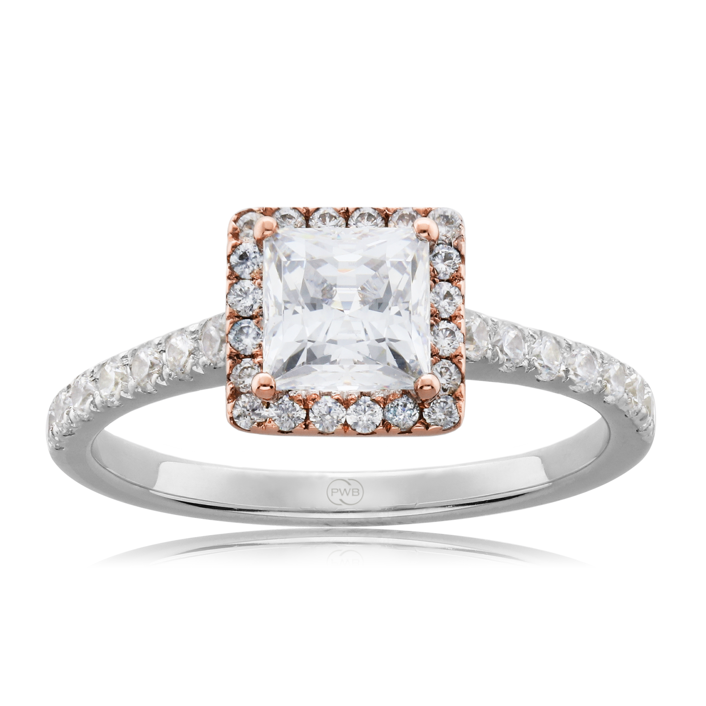 Princess Cut Diamond Engagement Ring with Diamond Accents in Two Tone 9ct Gold