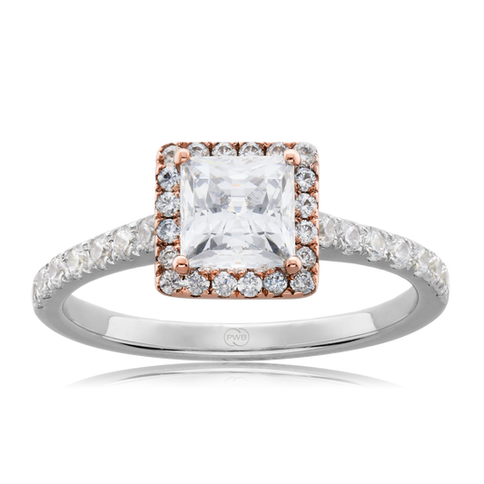 Princess Cut Diamond Engagement Ring with Diamond Accents in Two Tone 9ct Gold