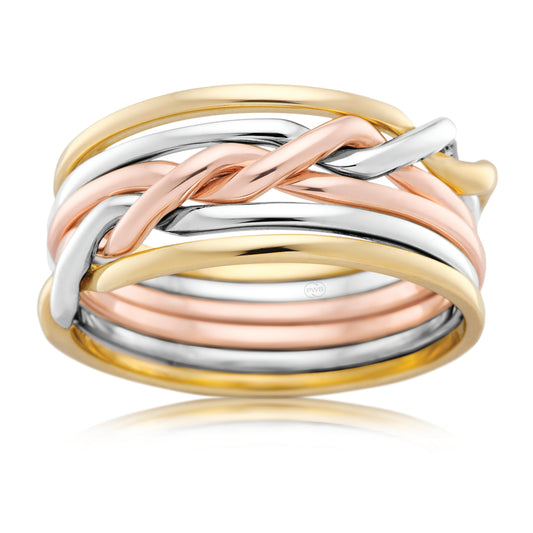 Cossack Interwoven Wedding Ring in Three Tone Gold, 6 Bands