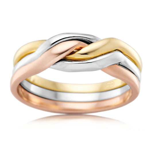 Three Tone Interlocking Wedding Ring in Sculpted Gold