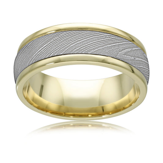 Statement Damascus Steel Wedding Ring in 9ct Yellow Gold