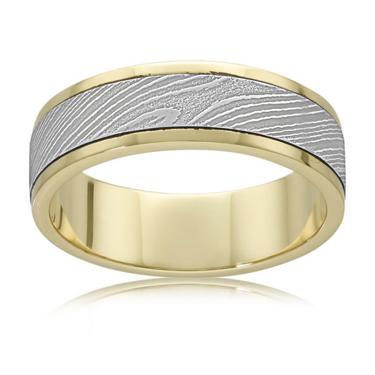 Refined Damascus Steel Wedding Ring in 9ct Yellow Gold