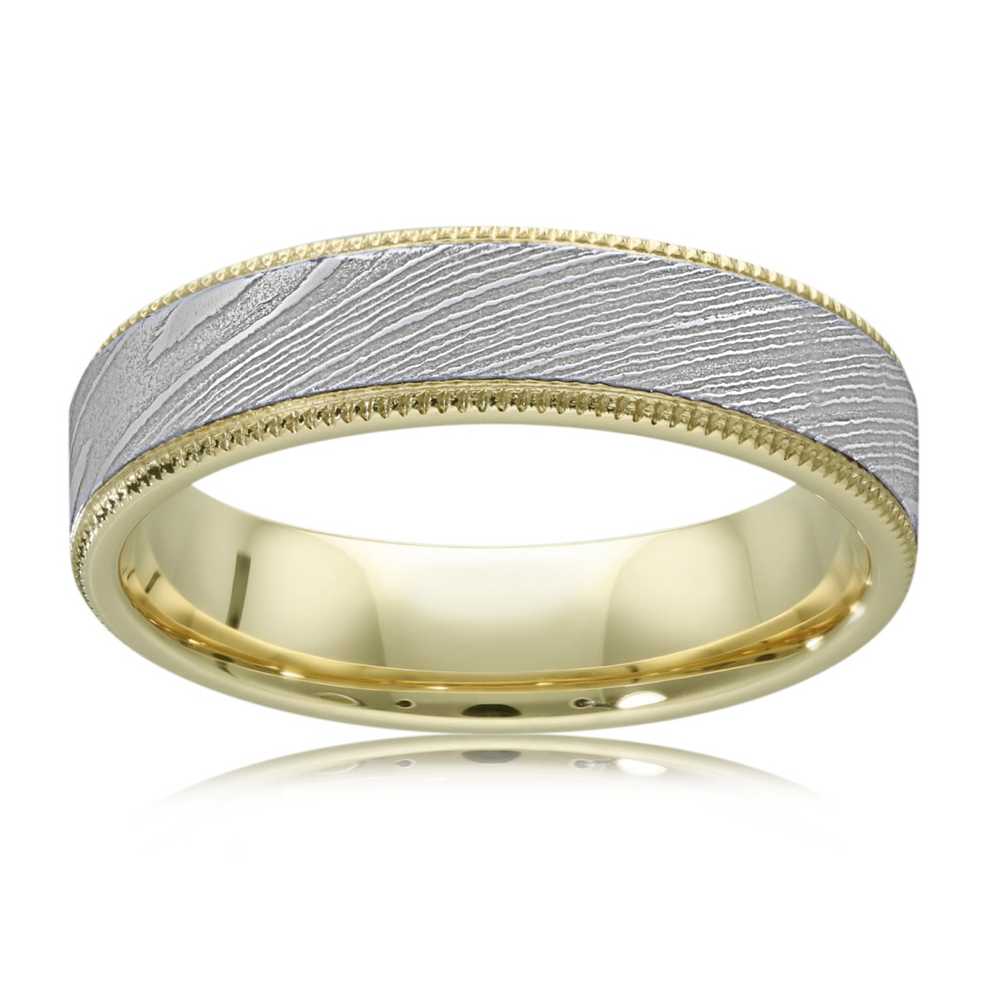 Faceted Damascus Steel Wedding Ring in 9ct Yellow Gold