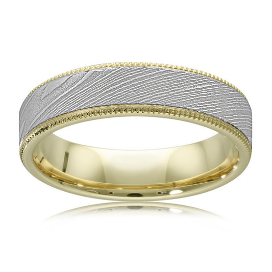 Faceted Damascus Steel Wedding Ring in 9ct Yellow Gold