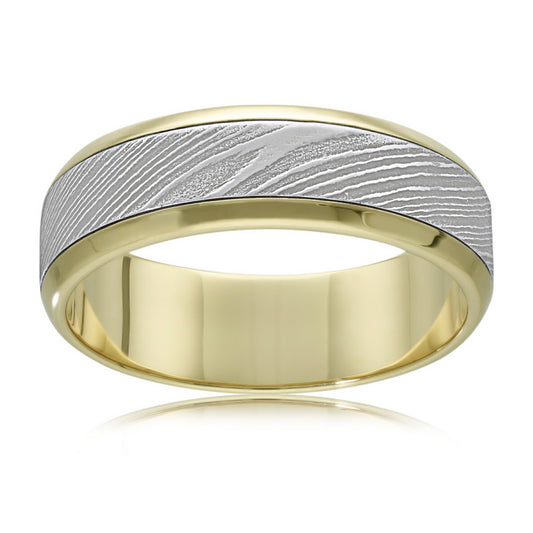 Modern Damascus Steel Wedding Ring in 9ct Yellow Gold