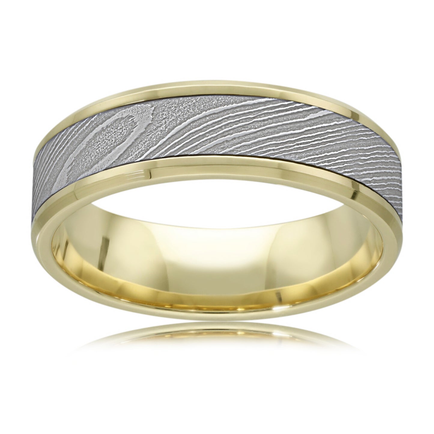 Minimal Damascus Steel Wedding Ring in 9ct Yellow Gold