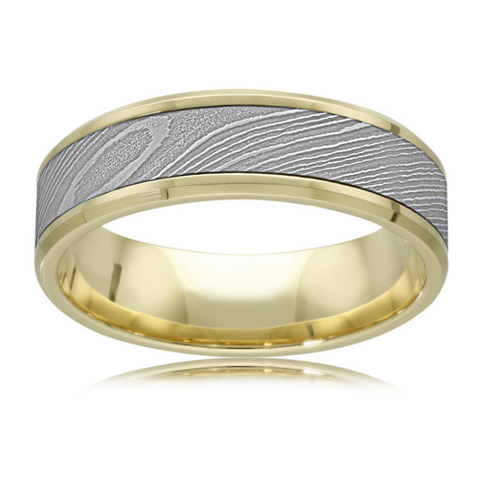 Minimal Damascus Steel Wedding Ring in 9ct Yellow Gold