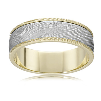 Balanced Damascus Steel Wedding Ring in 9ct Yellow Gold