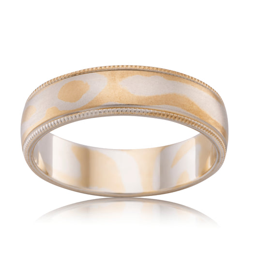 FACETED MOKUME GANE WEDDING RING IN PATTERNED GOLD (5MM)