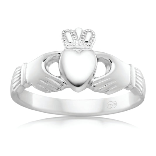 Women’s Celtic Claddagh Ring in White Gold, Irish Symbol Ring