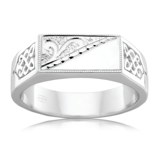Celtic Hand Engraved White Gold Ring, Flat Top Wedding Band
